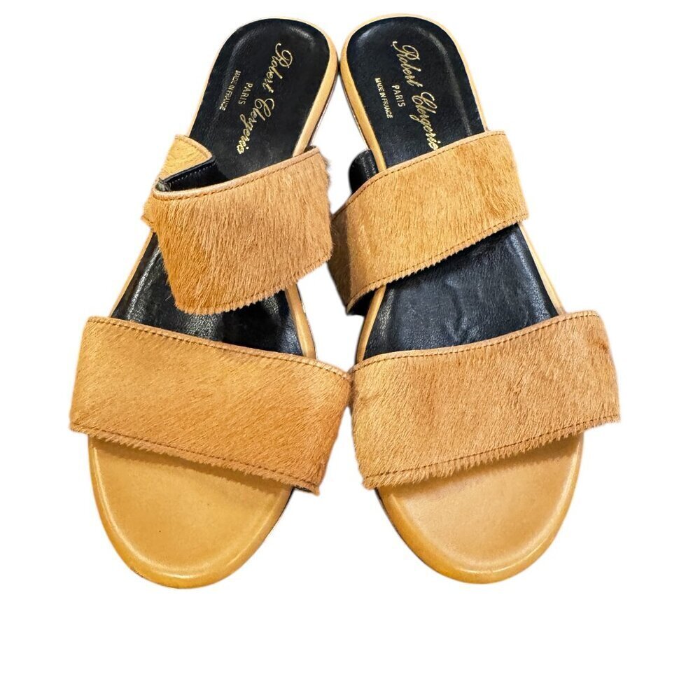 Robert Clergerie Paris Vintage Haircalf Platform Wedge Slides Tan Size 38 / US 7